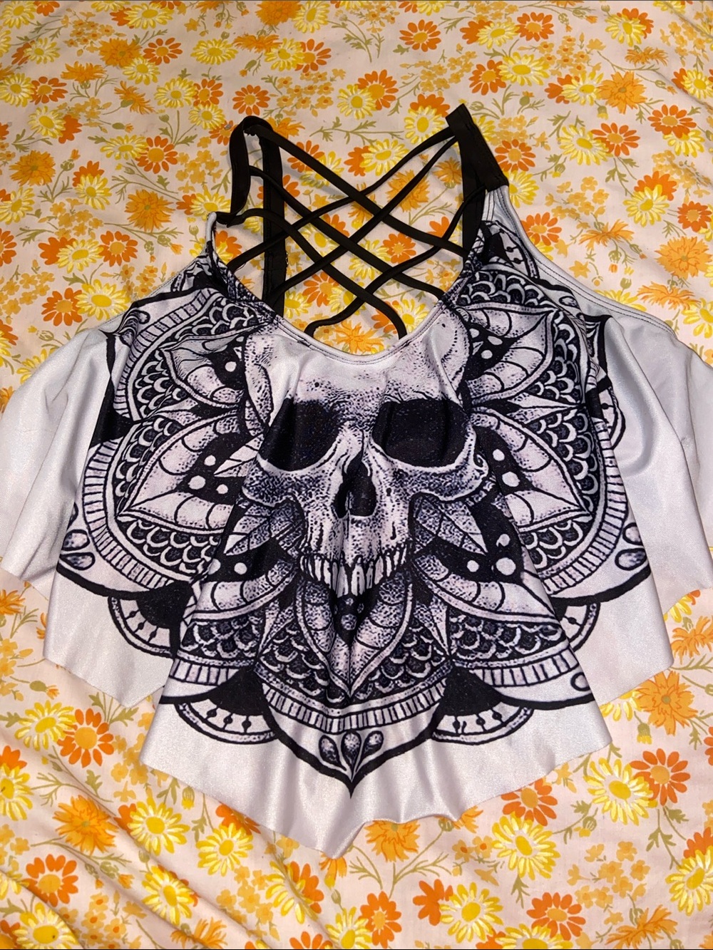 BOHO SKULL BIKINI TOP Hi-Lo Handkerchief & Lattice Front DRESSFO Black White Red
